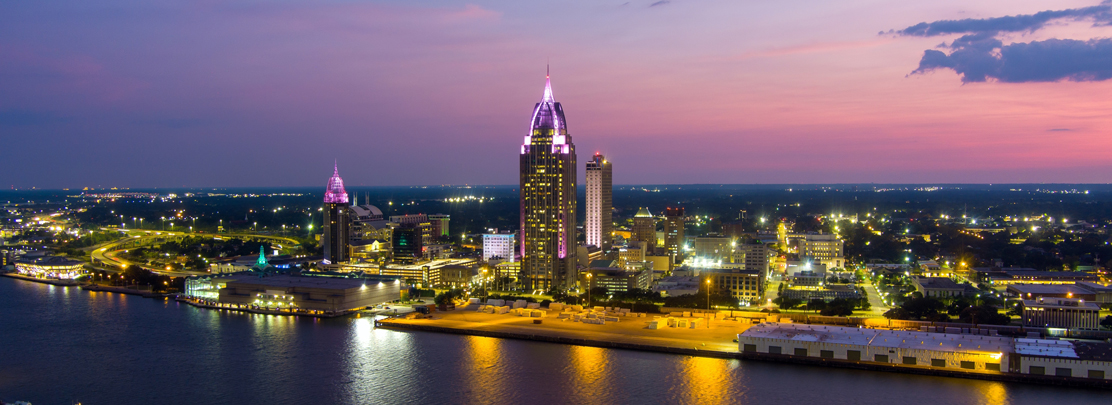 mobile skyline at dusk downtown mobile skyline at dusk